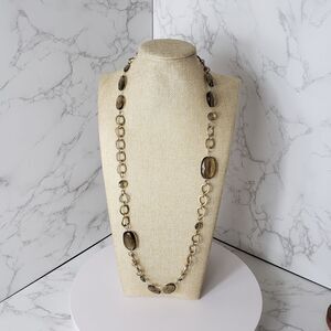 LONG Matte Gold Necklace Smokey Glass Beads